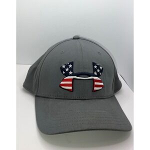 Under Armour Mens Gray American Flag Logo Flex Fit Baseball Cap Hat LG XL